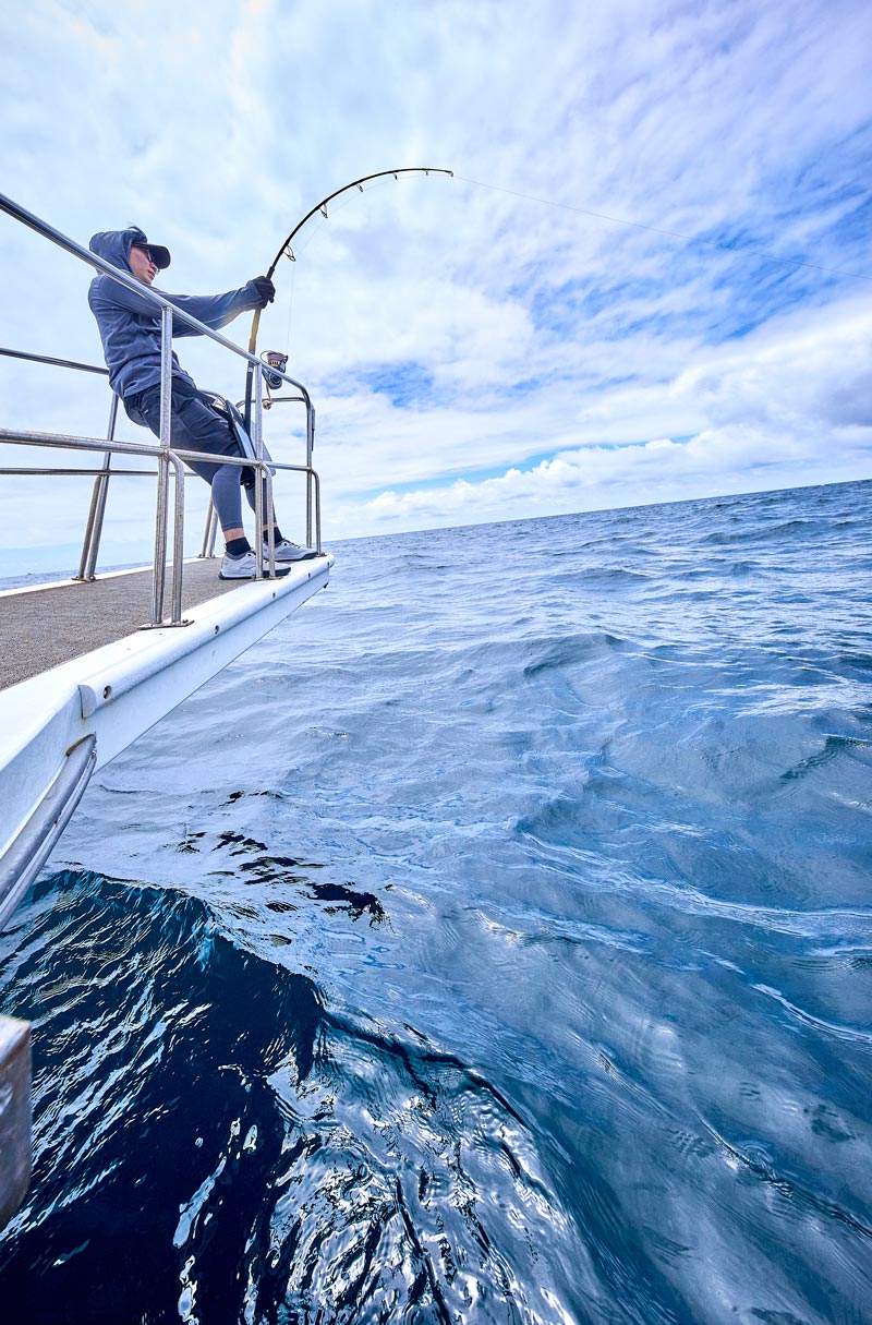 体全体を反らしクロマグロと戦う田中と、その目下・前方に広がる海