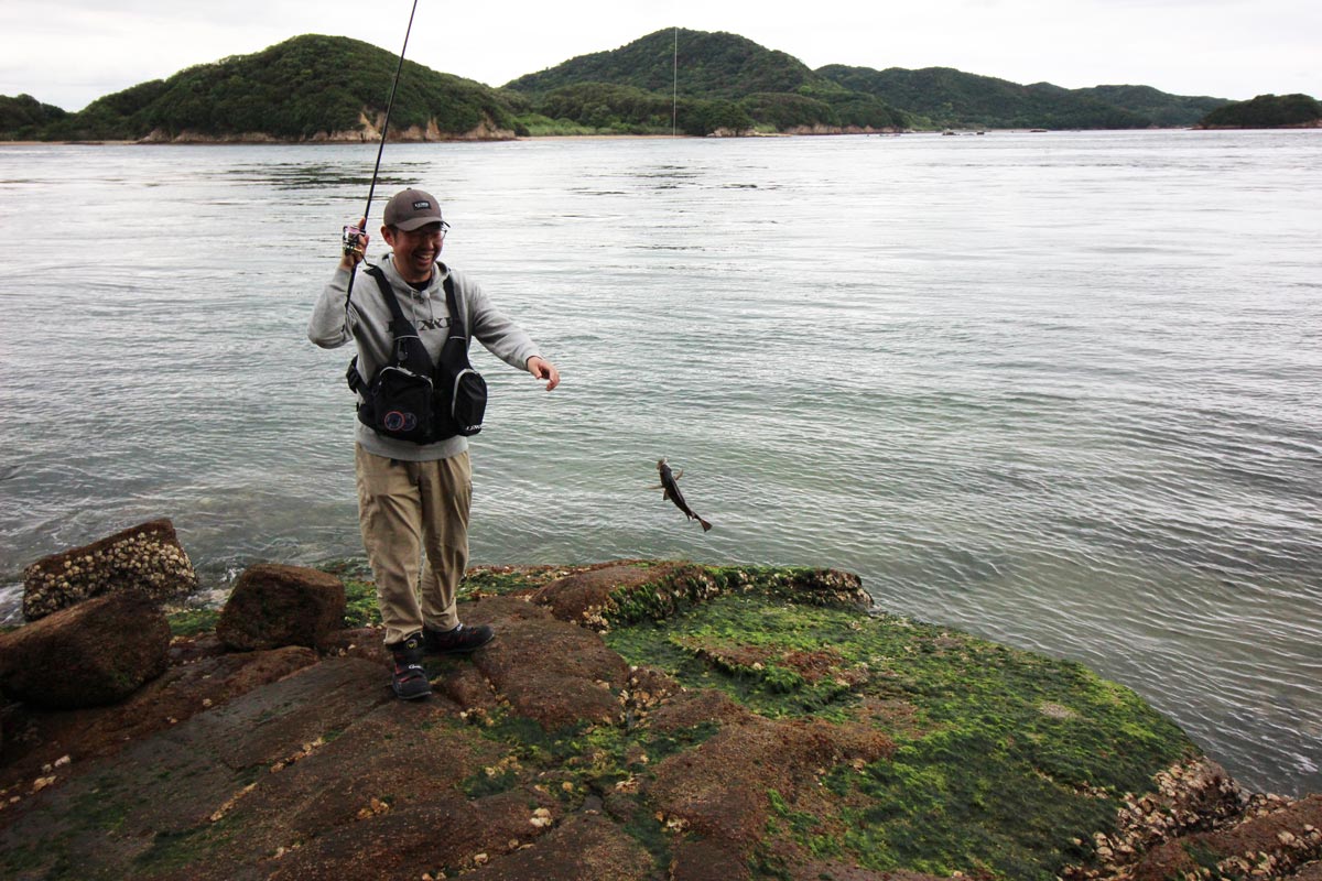 竿を立て、釣り上げたメバルを手元へと寄せる藤原