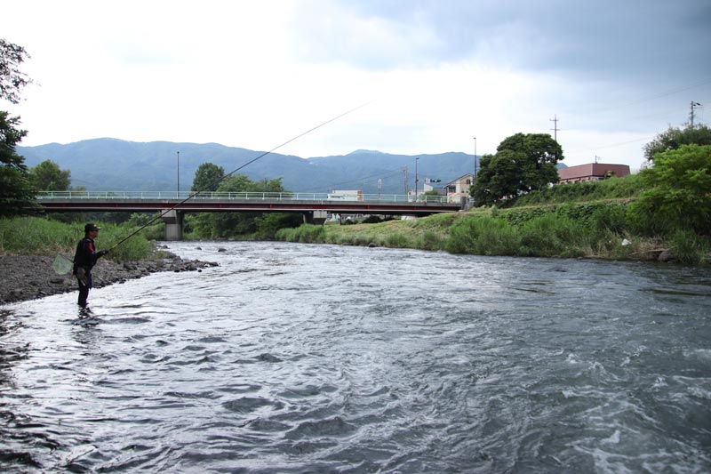 川に入り、河岸付近でアタリを待つ吉村
