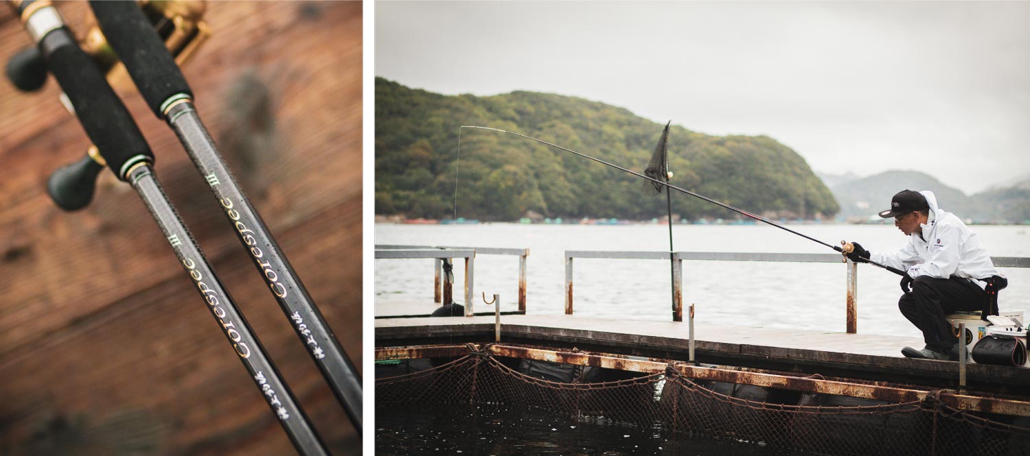 海上釣堀コアスペックⅢのロゴ部分写真と、海上釣堀で仕掛けを落とし釣りをする林の写真