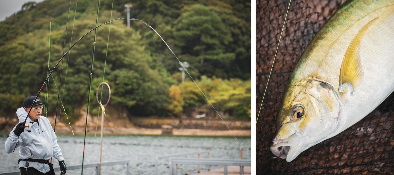 アタリが来て竿を引く林の写真と、釣り上げた魚の写真