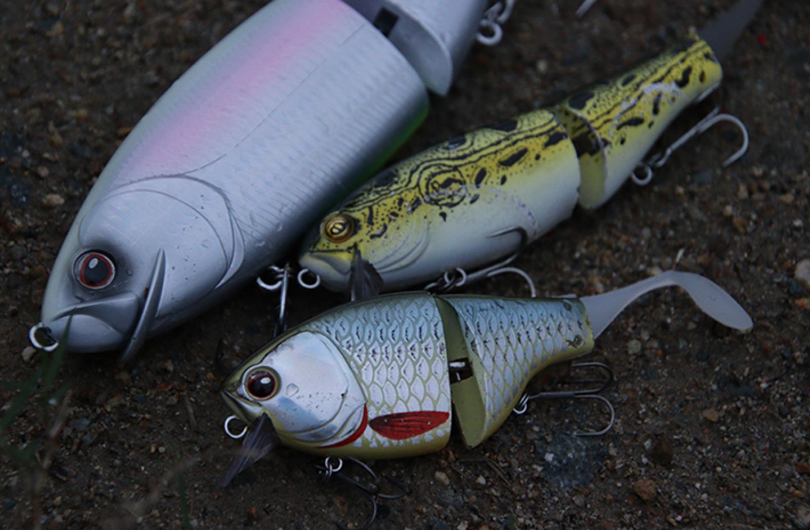 ラフィン、アヴィック、ジュリー。3種類のルアーを地面に並べた写真