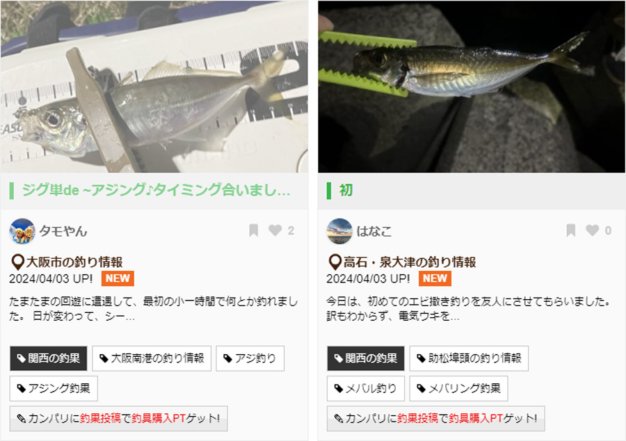 釣果情報サイト「カンパリ」に投稿されているアジ釣り釣果情報